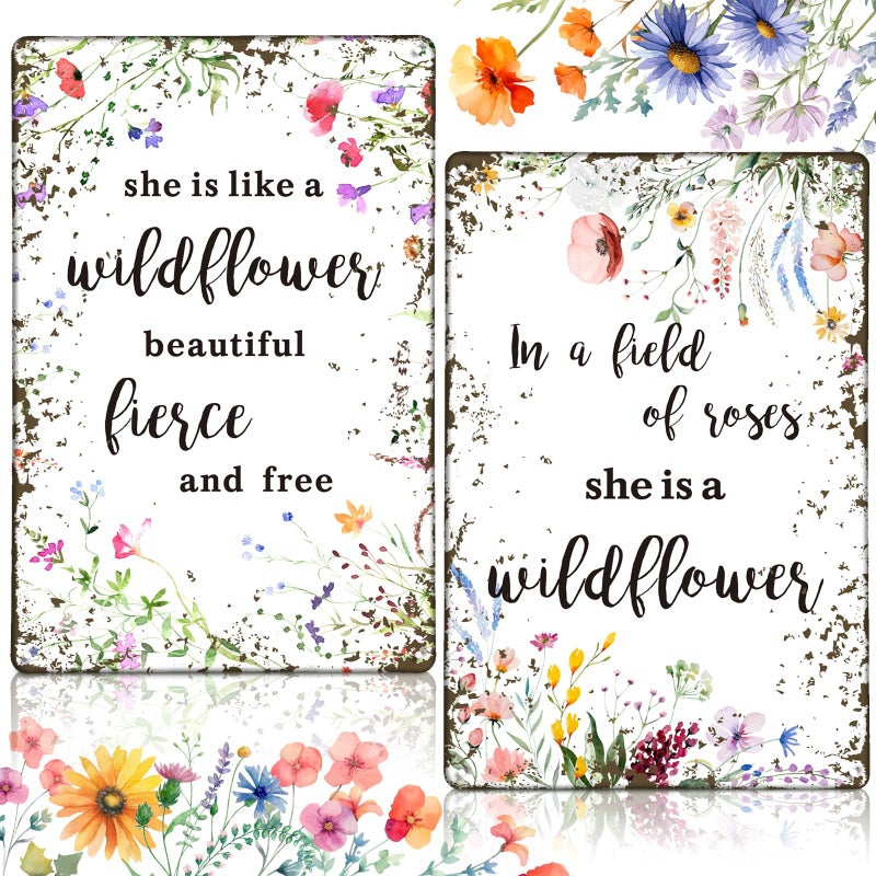 Lineshading 2 Pcs Vintage Wildflower Metal Tin Sign Wild Flower Spring Baby Shower Party Decor She Is Like A Wildflower Beautiful Fierce and Free Funny Tin Sign for Spring Wedding Nursery Decor - Image 1