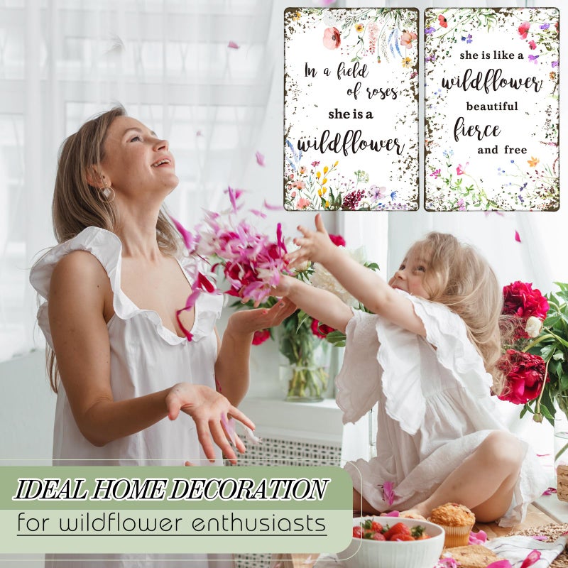 Lineshading 2 Pcs Vintage Wildflower Metal Tin Sign Wild Flower Spring Baby Shower Party Decor She Is Like A Wildflower Beautiful Fierce and Free Funny Tin Sign for Spring Wedding Nursery Decor - Image 4