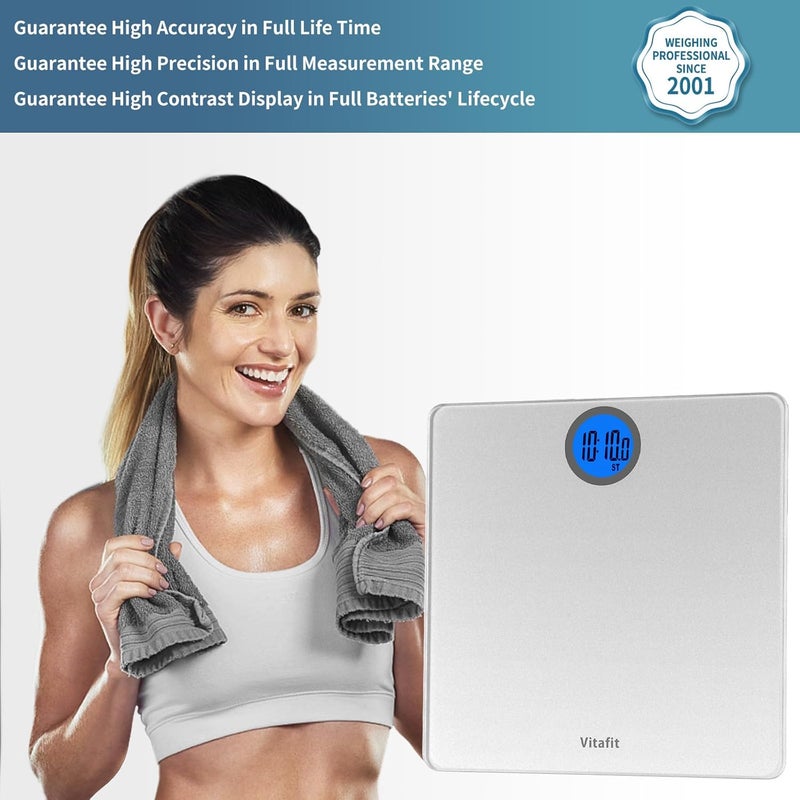 Vitafit ميزان حمام فيتافيت لقياس وزن الجسم بدقة عالية معتمد من مصنع ميزان احترافي منذ 2001 شاشة LCD وميزة الخطوة على الميزان مع 3 بطاريات AAA مرفقة 28st فضي - Image 2