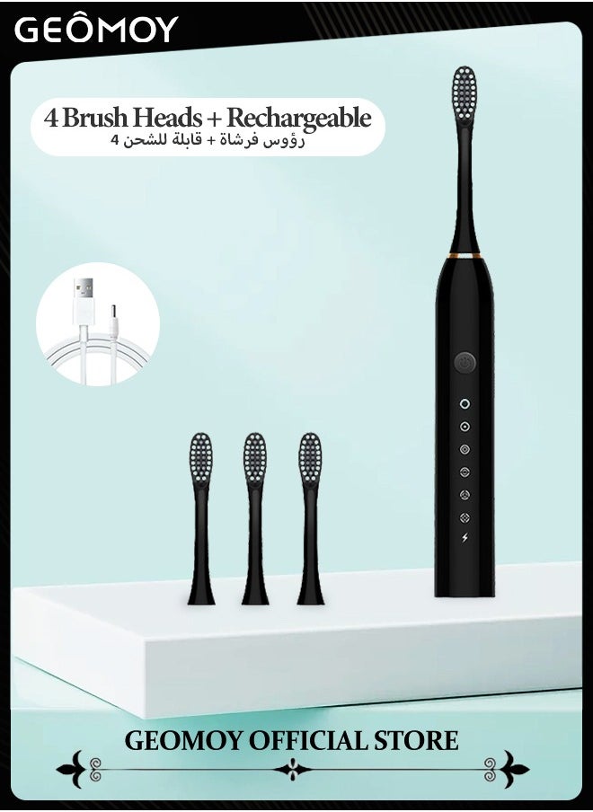 Sonic Electric Toothbrushes USB Rechargeable Ultrasonic Tooth Brush with 4 Brush Heads 6 Cleaning Modes and Smart Timer IPX7 Waterproof Cleaning Toothbrushes for Adults and Kids