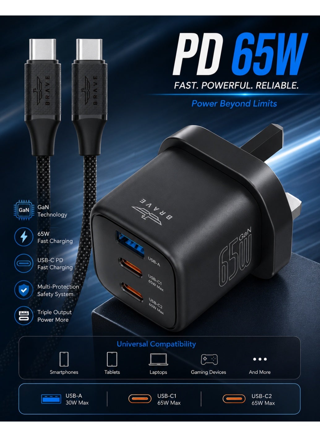 Brave 65W GaN USB-C Fast Charger 3-Port with 100W Type-C Cable – PD Super Fast Wall Charger Plug Adapter, Multi-Port Power Adapter for MacBook Air, HP, Dell, Lenovo, iPad, iPhone Air/17/16/15/14/13, S