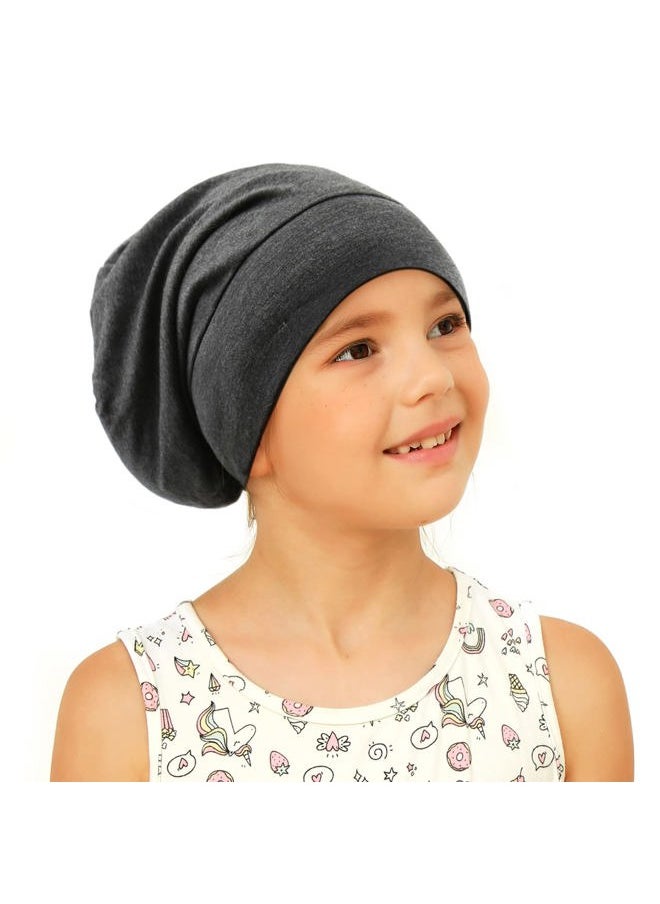 sent hair - Kids Satin Lined Bonnet Modal Cotton Sleep Cap, Adjustable Slouchy Beanie for Kids/Teens/Children/Toddlers Night Sleeping (4-10 Years Old, Dark Gray) - Image 1