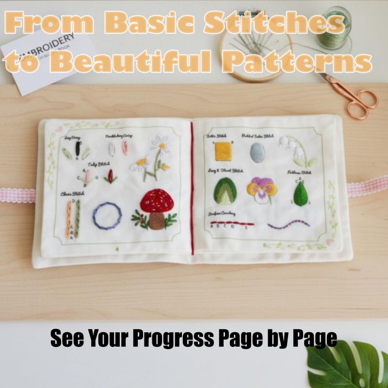 TenDawn Beginner Embroidery Stitch Book with Fabric Pages, 32 Essential Stitches in Structured Learning Order for Adults, DIY Sewing Kit with Floral Motifs, Practice Patterns - Image 3