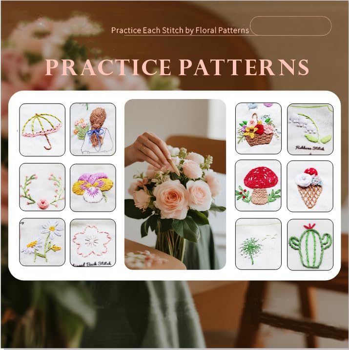TenDawn Beginner Embroidery Stitch Book with Fabric Pages, 32 Essential Stitches in Structured Learning Order for Adults, DIY Sewing Kit with Floral Motifs, Practice Patterns - Image 4