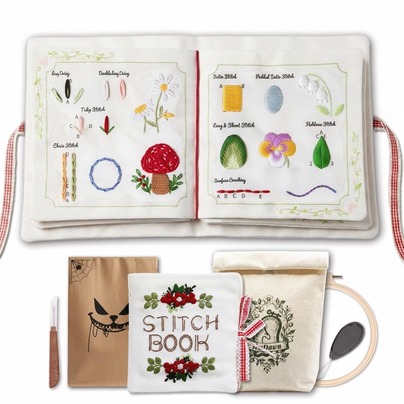 TenDawn Beginner Embroidery Stitch Book with Fabric Pages, 32 Essential Stitches in Structured Learning Order for Adults, DIY Sewing Kit with Floral Motifs, Practice Patterns - Image 1
