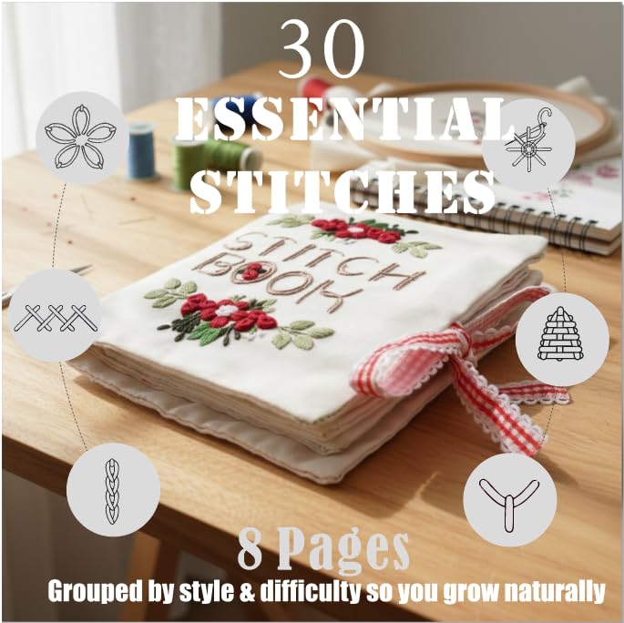 TenDawn Beginner Embroidery Stitch Book with Fabric Pages, 32 Essential Stitches in Structured Learning Order for Adults, DIY Sewing Kit with Floral Motifs, Practice Patterns - Image 5