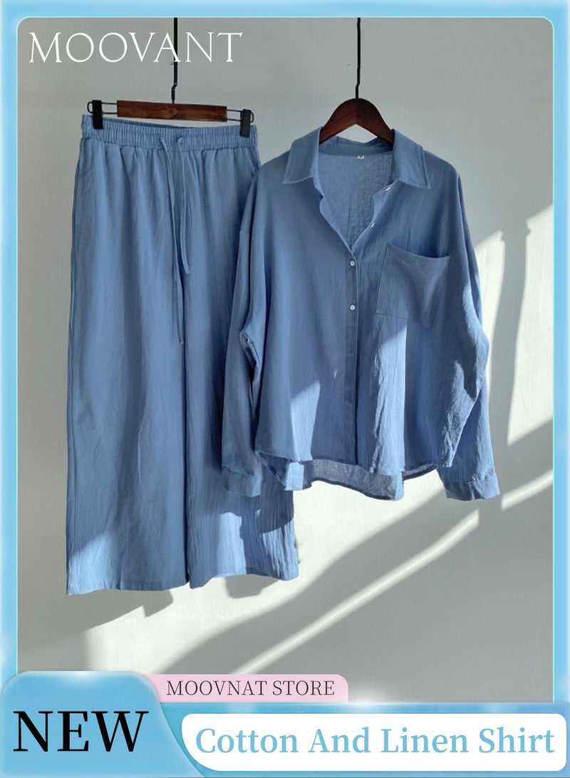 Moovant 2-Piece Women's Cotton and Linen Clothes Set, Long-sleeved Shirt + Loose Pants Set, Ladies Casual Shirt Suit, Soft Skin-friendly Long-Sleeve Lapel Shirt, Blue  - Image 1