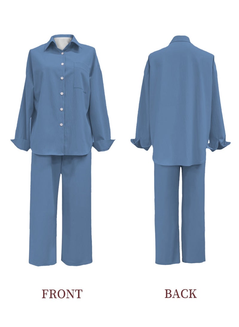 Moovant 2-Piece Women's Cotton and Linen Clothes Set, Long-sleeved Shirt + Loose Pants Set, Ladies Casual Shirt Suit, Soft Skin-friendly Long-Sleeve Lapel Shirt, Blue  - Image 2