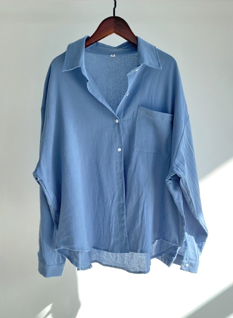 Moovant 2-Piece Women's Cotton and Linen Clothes Set, Long-sleeved Shirt + Loose Pants Set, Ladies Casual Shirt Suit, Soft Skin-friendly Long-Sleeve Lapel Shirt, Blue  - Image 5