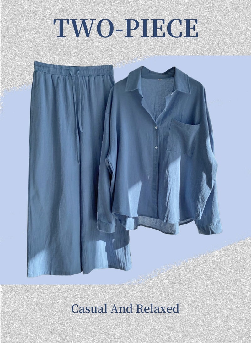 Moovant 2-Piece Women's Cotton and Linen Clothes Set, Long-sleeved Shirt + Loose Pants Set, Ladies Casual Shirt Suit, Soft Skin-friendly Long-Sleeve Lapel Shirt, Blue  - Image 4