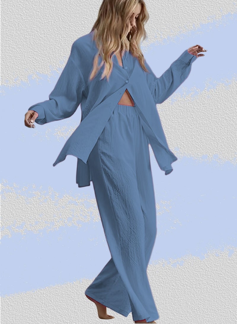 Moovant 2-Piece Women's Cotton and Linen Clothes Set, Long-sleeved Shirt + Loose Pants Set, Ladies Casual Shirt Suit, Soft Skin-friendly Long-Sleeve Lapel Shirt, Blue  - Image 3