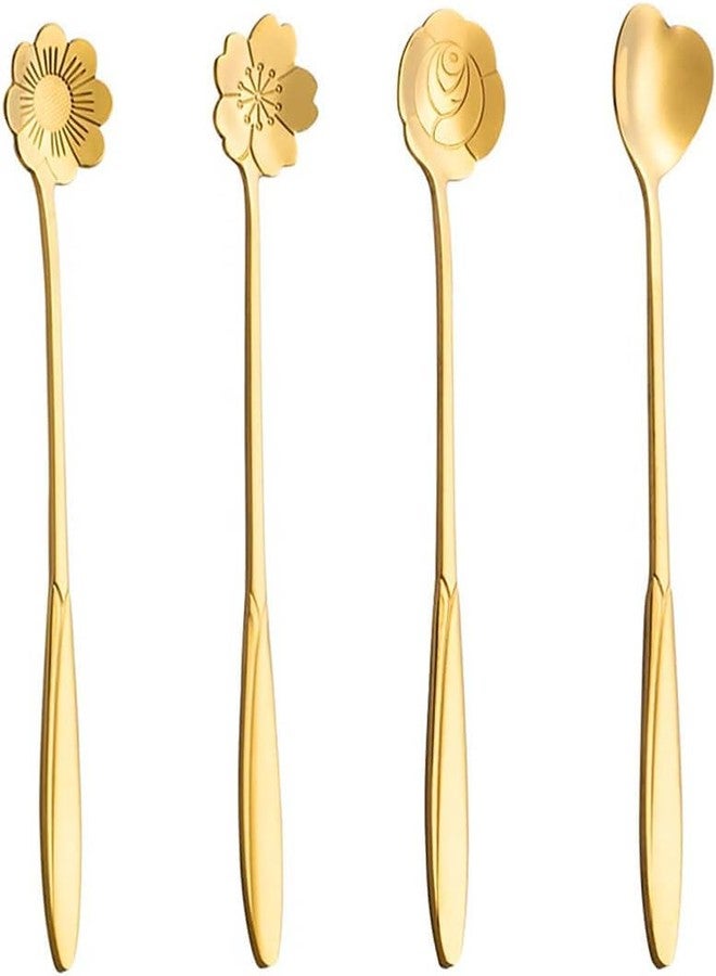 crewla Golden Spoon Set/Coffee Spoon/Dessert Spoon/Sugar Spoon/Ice Cream Spoon/Cutlery Kitchen Tableware Creative Flower Shape Stainless Steel Spoon Different tipe decoretion (Set of 4) - Image 1