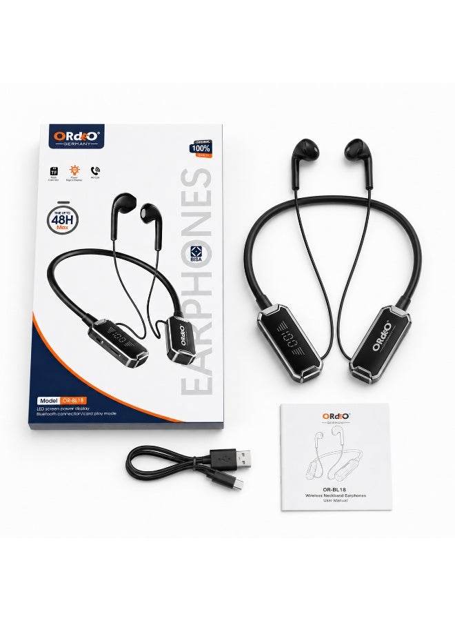 ORdEO OR-BL18 Wireless Neckband Earphones with LED Display, TF Card Slot, HD Call, Type-C Charging, Black - Image 1