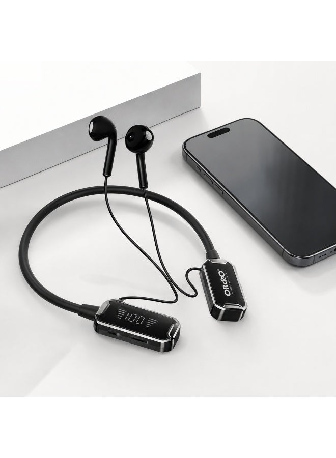 ORdEO OR-BL18 Wireless Neckband Earphones with LED Display, TF Card Slot, HD Call, Type-C Charging, Black - Image 2