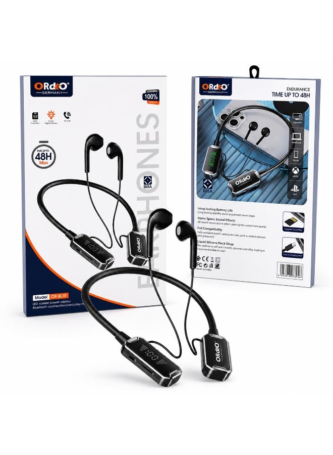 ORdEO OR-BL18 Wireless Neckband Earphones with LED Display, TF Card Slot, HD Call, Type-C Charging, Black - Image 3