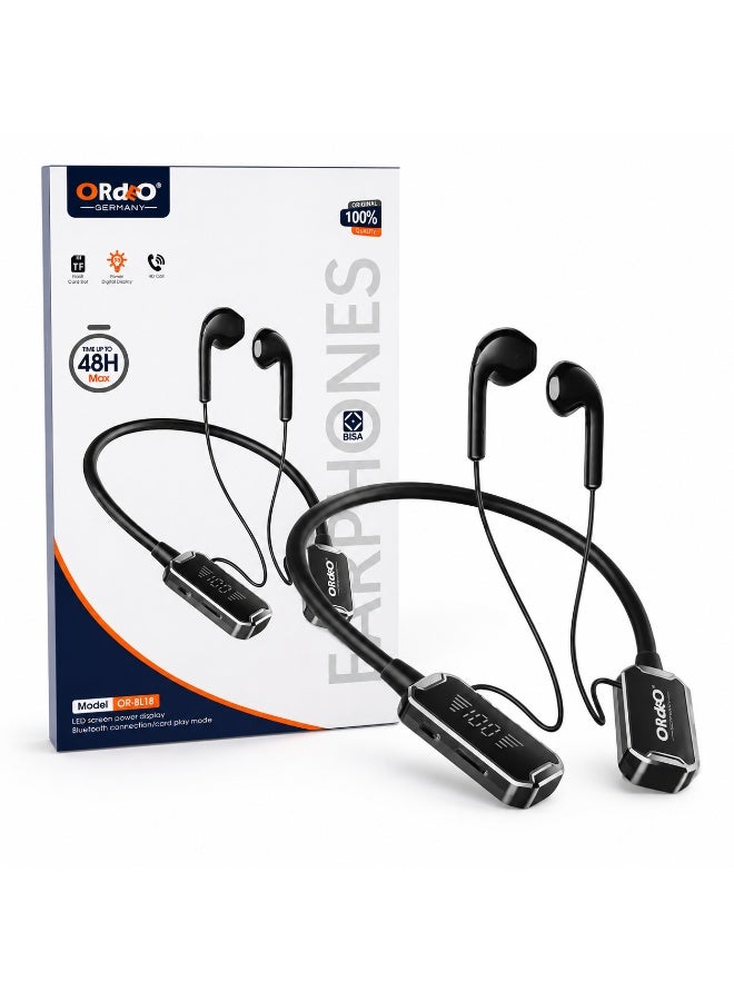 ORdEO OR-BL18 Wireless Neckband Earphones with LED Display, TF Card Slot, HD Call, Type-C Charging, Black - Image 4