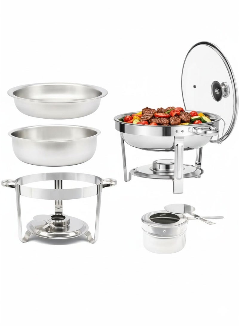 AceLuste 5-Piece Buffet Serveware, Stainless Steel Chafing Dish Buffet Set, Food Warmers Hot Pot Buffet Stove Set with Lid and Built-In Lid Holder,  Buffet Serveware with Stand and Burner Round Stainless Steel Food Warming Tray For Parties Dinners and Catering, 5L Sliver - Image 2