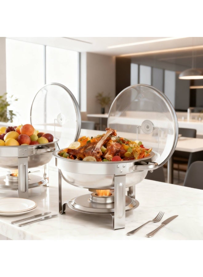 AceLuste 5-Piece Buffet Serveware, Stainless Steel Chafing Dish Buffet Set, Food Warmers Hot Pot Buffet Stove Set with Lid and Built-In Lid Holder,  Buffet Serveware with Stand and Burner Round Stainless Steel Food Warming Tray For Parties Dinners and Catering, 5L Sliver - Image 5