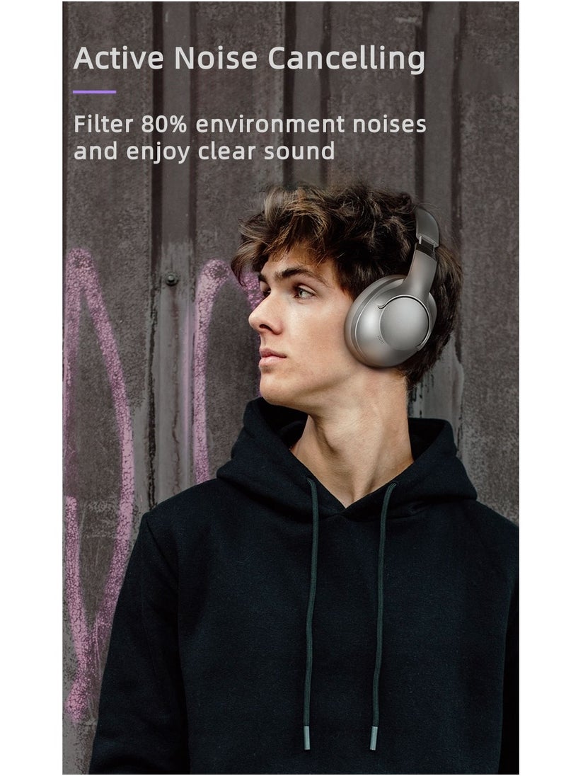 OREKO OREKO Active Noise Cancelling Foldable Headphones, Wireless Over-Ear Bluetooth, 50H Long Playtime, Hi-Res Audio, Big Bass Black  - Image 2