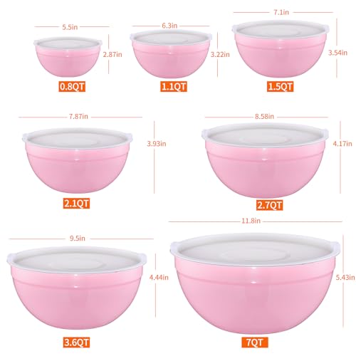 Onlycooker Pink Mixing Bowls With Airtight LidsStainless Steel BowlSalad Bowls 7 Piece Colorful Nesting Bowl Pink Kitchen AccessoriesSize 7362721151108QT Stackable Design - Image 3