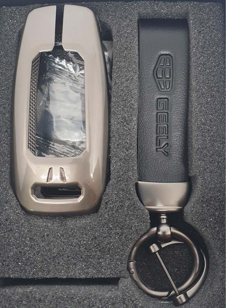 Service Zone Keychain Metal Real Leather Case For Geely Smart Key 3 Buttons Black - Image 2