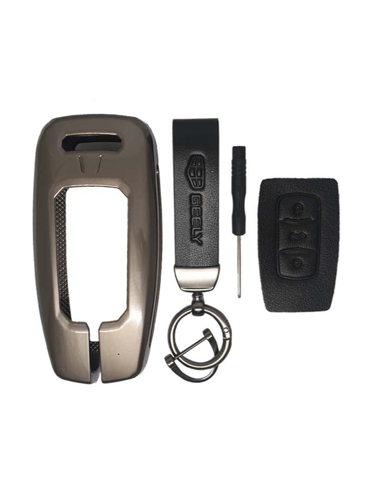 Service Zone Keychain Metal Real Leather Case For Geely Smart Key 3 Buttons Black - Image 1