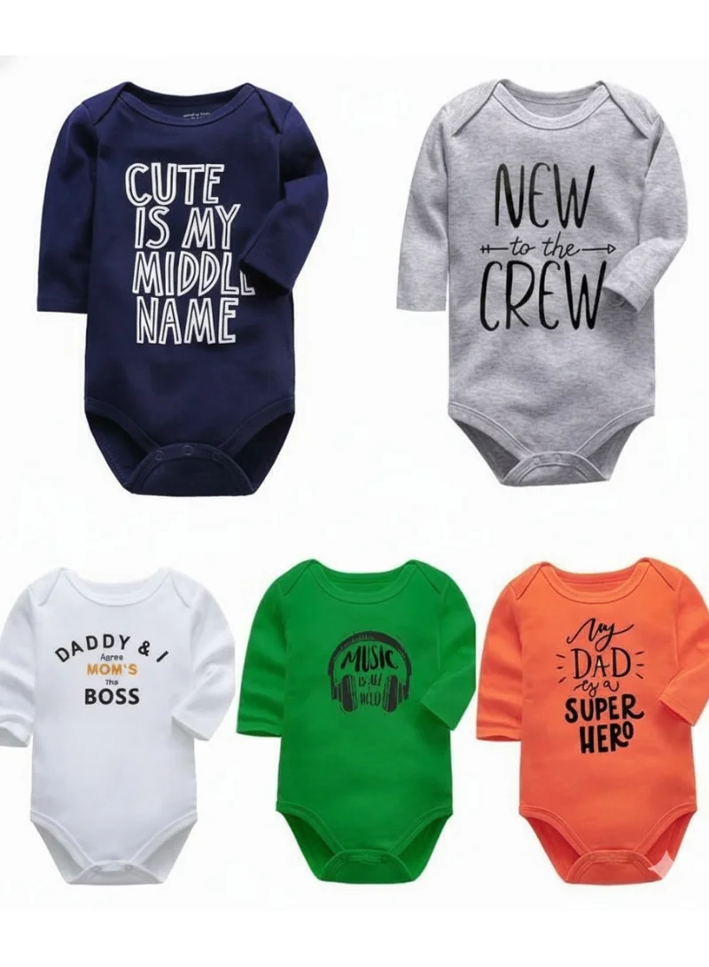 ماتشينج فاميلي اوتفيتس مجموعة من ٥ بدلات أطفال قطنية مطبوعة بعبارات لطيفة | رومبر بأكمام طويلة | ملابس أطفال حديثي الولادة ناعمة وجيدة التهوية