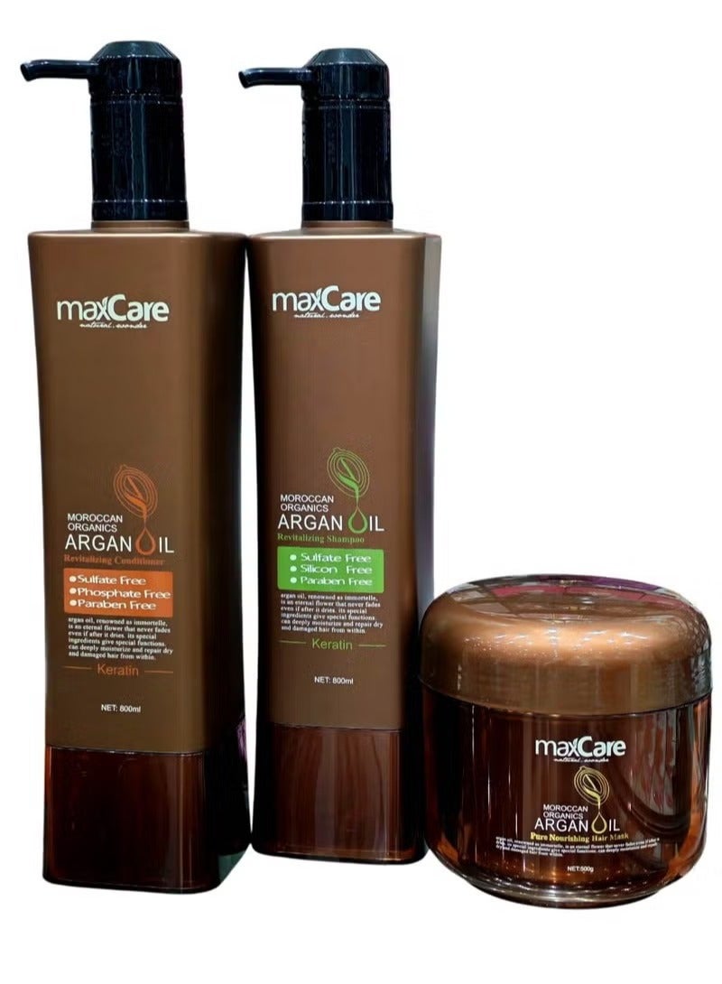 Organic Moroccan hair revitalizing shampoo 800ml, conditioner 800ml, and mask 500ml, free from sulfates, silicones and parabens.