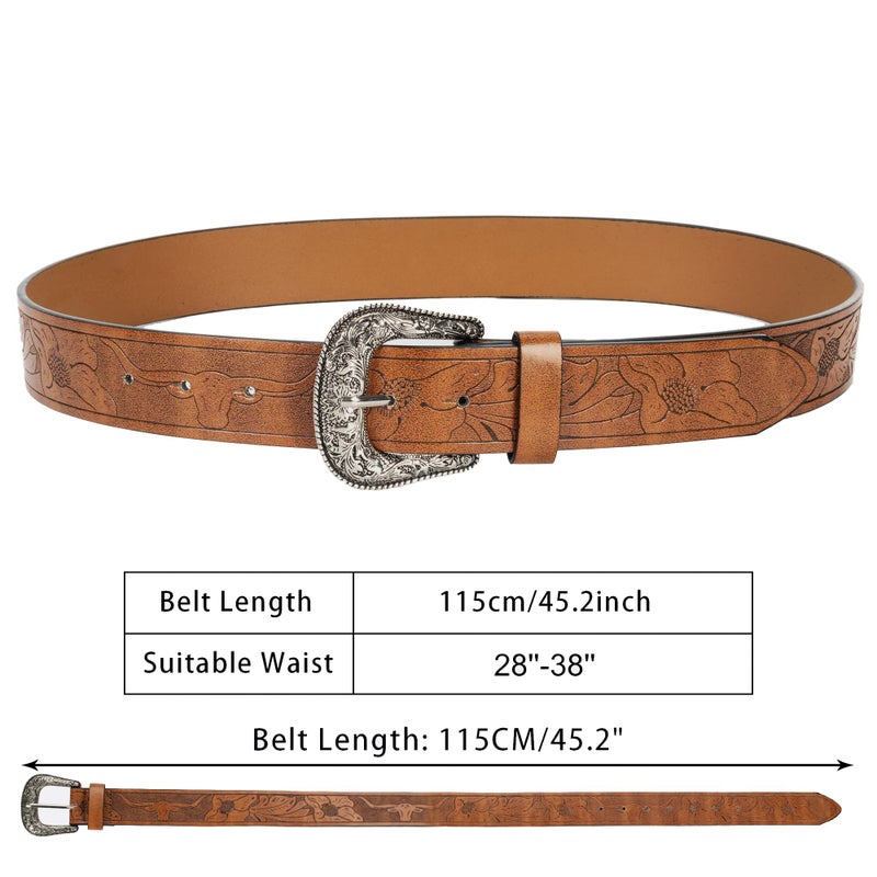 Eohak Western-Belt-for-Women-Cowgirl, PU-Leather-Waist-Belts with Vintage-Carved-Buckle and Tips-Ends for Jeans Pants Dresses - Image 3