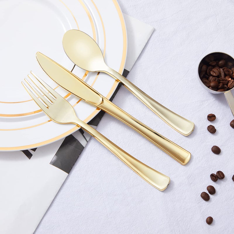 N9R 100PCS Gold Plastic Silverware - Gold Plastic Cutlery Set Disposable Flatware Dinnerware -50 Forks  25 Spoons  25 Knives for Party  Birthday  Wedding - Image 5