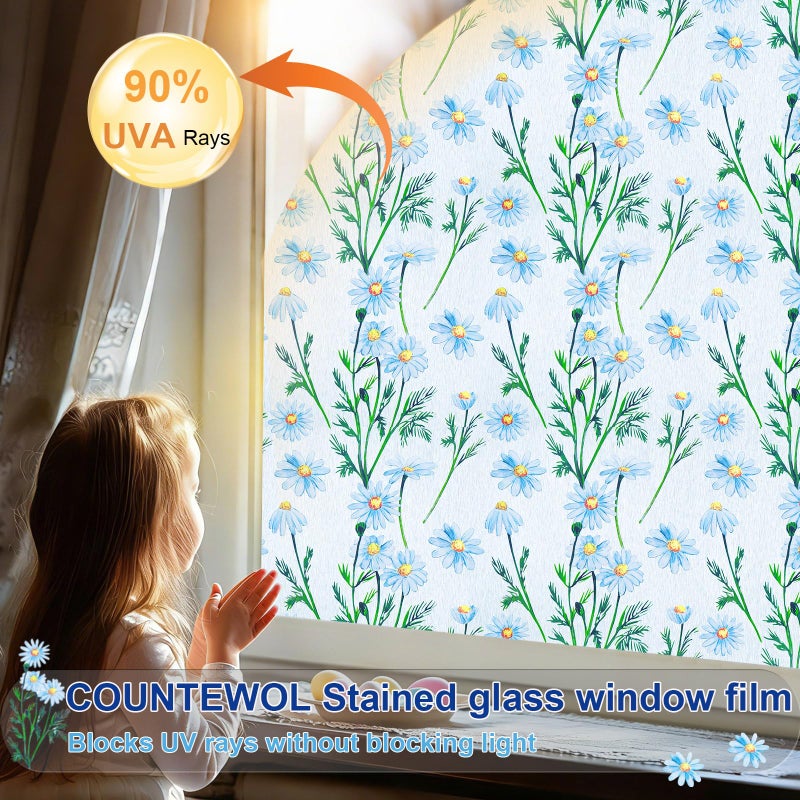 Countewol Frosted Static Cling Window Film Stained Glass Privacy Film with Daisy Pattern Anti-Glare UV Protection Removable Decorative Window Clings for Home/Bathroom (Daisy Textured, 17.5 x 78.7 in) - Image 3