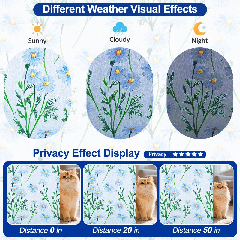 Countewol Frosted Static Cling Window Film Stained Glass Privacy Film with Daisy Pattern Anti-Glare UV Protection Removable Decorative Window Clings for Home/Bathroom (Daisy Textured, 17.5 x 78.7 in) - Image 4