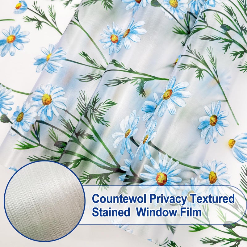 Countewol Frosted Static Cling Window Film Stained Glass Privacy Film with Daisy Pattern Anti-Glare UV Protection Removable Decorative Window Clings for Home/Bathroom (Daisy Textured, 17.5 x 78.7 in) - Image 2