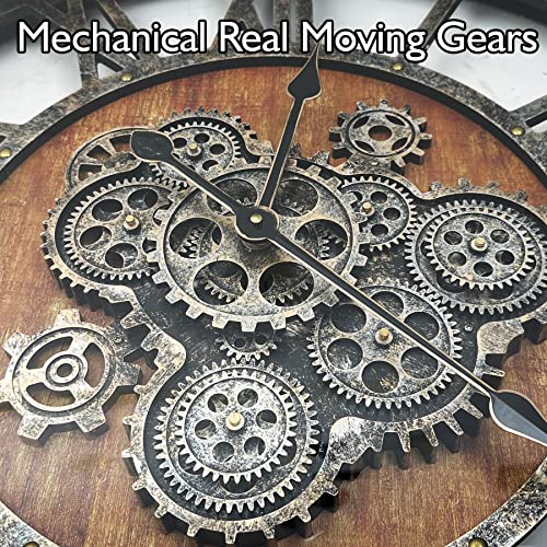 DORBOKER 27 inch Large Real Moving Gears Wall Clock with Toughened Glass Cover, Oversized Vintage Solid Wood Farmhouse Clock, Giant Decorative Rustic Wall Clock for Living Room Home Kitchen Office (Brown) - Image 2