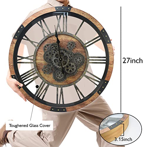 DORBOKER 27 inch Large Real Moving Gears Wall Clock with Toughened Glass Cover, Oversized Vintage Solid Wood Farmhouse Clock, Giant Decorative Rustic Wall Clock for Living Room Home Kitchen Office (Brown) - Image 5