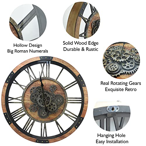 DORBOKER 27 inch Large Real Moving Gears Wall Clock with Toughened Glass Cover, Oversized Vintage Solid Wood Farmhouse Clock, Giant Decorative Rustic Wall Clock for Living Room Home Kitchen Office (Brown) - Image 3