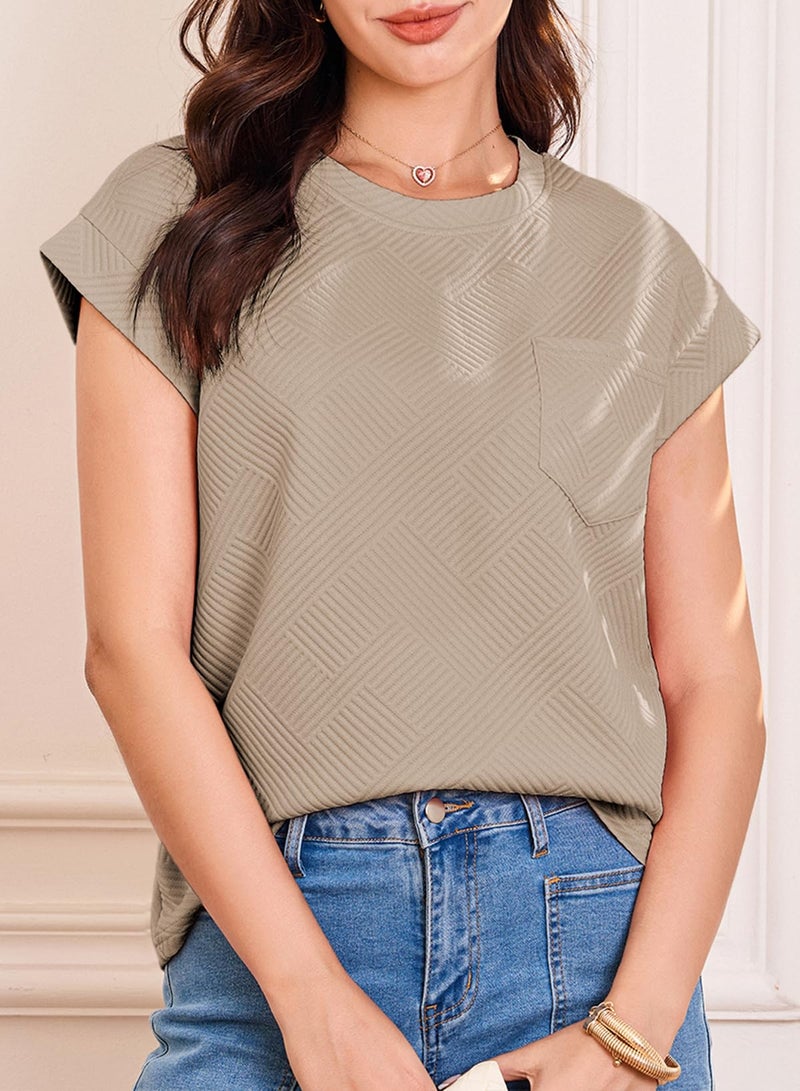 EVALESS Going Out Tops for Women 2026 Fashion Trendy Dressy Casual Summer Cap Short Sleeve Basic T Shirts Cute Solid Loose Textured Blouses Outfits,Taupe Medium - Image 3