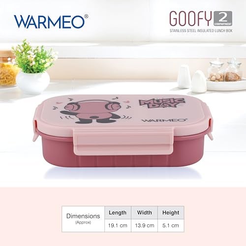 WARMEO Goofy Insulated Lunch Box with Two Compartment BPA Free, Kids Lunch Box,Food Grade Ideal for School, Picnic, Office & Outdoor - 500ml Pink, Stainless Steel - Image 4