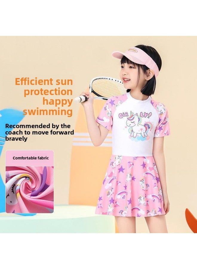 إسكدنيا ملابس سباحة للأطفال بناتي صيفية صغيرة ومتوسطة وكبيرة للأطفال من سن 4 إلى 13 سنة، يمكن ارتداء تنورة كرتونية لطيفة لملابس السباحة الربيعية الساخنة للفتيات - اللون: 2066 【وردي】】- - Image 3