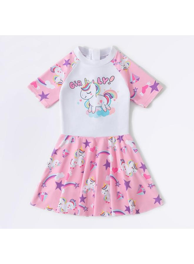 إسكدنيا ملابس سباحة للأطفال بناتي صيفية صغيرة ومتوسطة وكبيرة للأطفال من سن 4 إلى 13 سنة، يمكن ارتداء تنورة كرتونية لطيفة لملابس السباحة الربيعية الساخنة للفتيات - اللون: 2066 【وردي】】- - Image 1