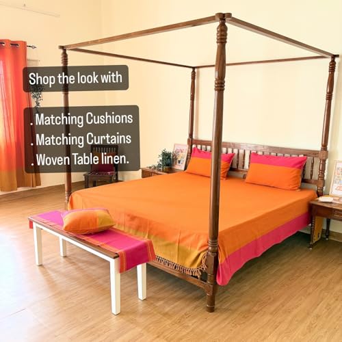 RANGBHAR Handloom Premium Bedsheet King Size | 100% Cotton Bed Sheet with 2 Pillow Covers | Hand Woven, Striped Bed Cover | 250 GSM Premium Heavy Bedspread | King Size 100 x 98 inch | Orange - Image 3