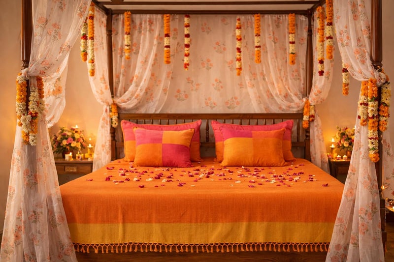RANGBHAR Handloom Premium Bedsheet King Size | 100% Cotton Bed Sheet with 2 Pillow Covers | Hand Woven, Striped Bed Cover | 250 GSM Premium Heavy Bedspread | King Size 100 x 98 inch | Orange - Image 1