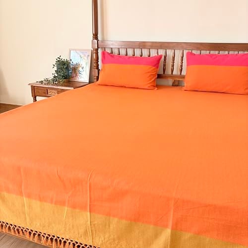 RANGBHAR Handloom Premium Bedsheet King Size | 100% Cotton Bed Sheet with 2 Pillow Covers | Hand Woven, Striped Bed Cover | 250 GSM Premium Heavy Bedspread | King Size 100 x 98 inch | Orange - Image 5