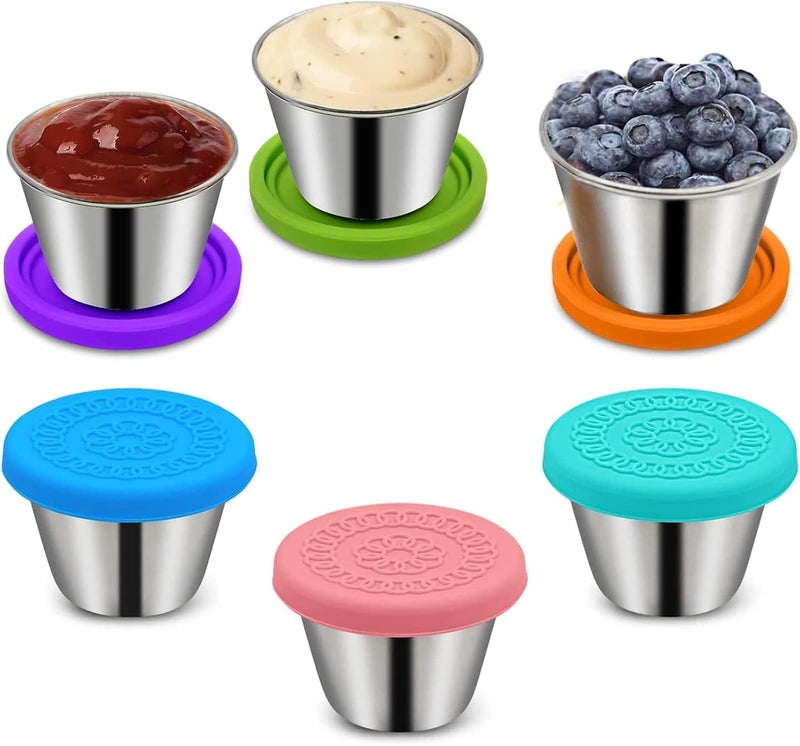 SWIUKPHE Globally trusted affordable quality 6 Pcs 2.4oz Stainless Steel Small Condiment Containers with Lids, Leakproof Dipping Sauce Cups, Reusable Mini Sauce Storage Boxes Portable Condiment Cups for Bento Box Lunch Box Kids School Travel Trendy versatile build - Image 1