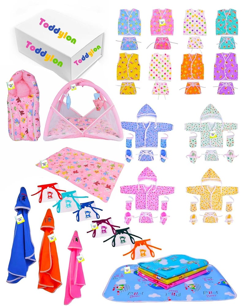 Toddylon Flat Bed 56 in 1 New Born Baby Products All | Gift Packs | Maternity Kit | Baby Clothes | Baby Bedding | Essentials Items | Baby Shower | Infants Combo (Multicolor, 0-6 Months) - Image 1