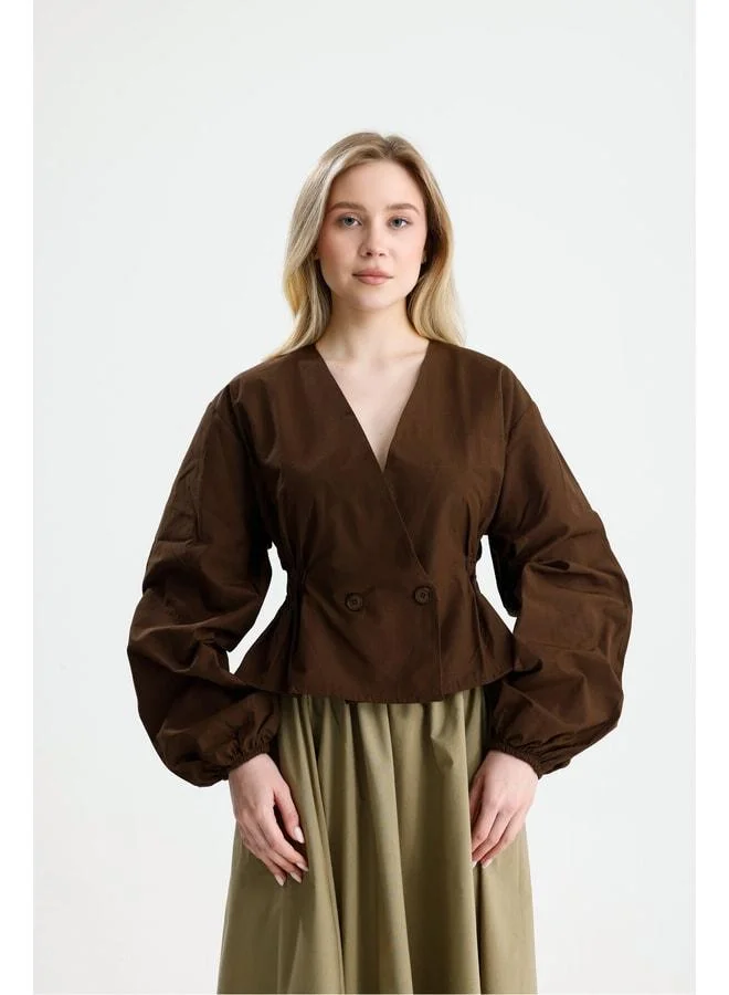 mina aise Women's Coffee Brown Elastic Detailed Poplin Unlined Jacket 31039