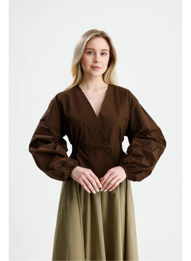 mina aise Women's Coffee Brown Elastic Detailed Poplin Unlined Jacket 31039