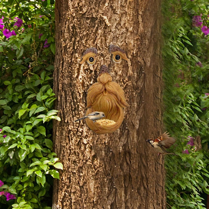 كلاراكو فن تزيين حديقة الشجرة، وحدة تغذية الطيور المصنوعة من الراتنج على شكل وجه شجرة، وحدة تغذية الطيور الفريدة للاستخدام في الأماكن الخارجية والداخلية، فن شجرة الرجل العجوز - Image 1