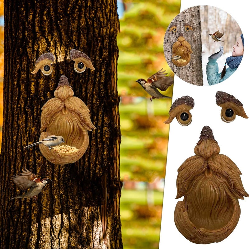 كلاراكو فن تزيين حديقة الشجرة، وحدة تغذية الطيور المصنوعة من الراتنج على شكل وجه شجرة، وحدة تغذية الطيور الفريدة للاستخدام في الأماكن الخارجية والداخلية، فن شجرة الرجل العجوز - Image 2