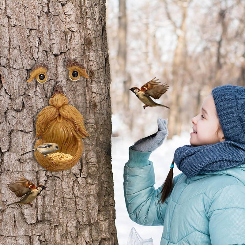 كلاراكو فن تزيين حديقة الشجرة، وحدة تغذية الطيور المصنوعة من الراتنج على شكل وجه شجرة، وحدة تغذية الطيور الفريدة للاستخدام في الأماكن الخارجية والداخلية، فن شجرة الرجل العجوز - Image 3